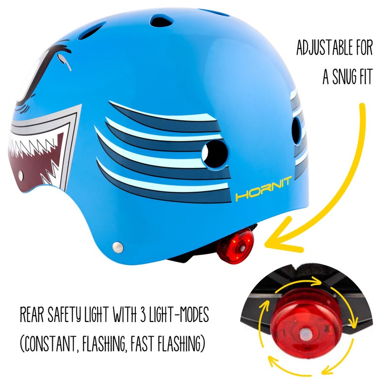 Hornit Mini Lids Kids Helmet. Fully-Adjustable Multi-Sport Hard Shell Helmet with Rear Safety Light, Small, Shark - Image 3